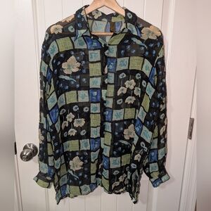 Vintage Carnation Sheer Floral Silk Button Up Blouse Green/Black